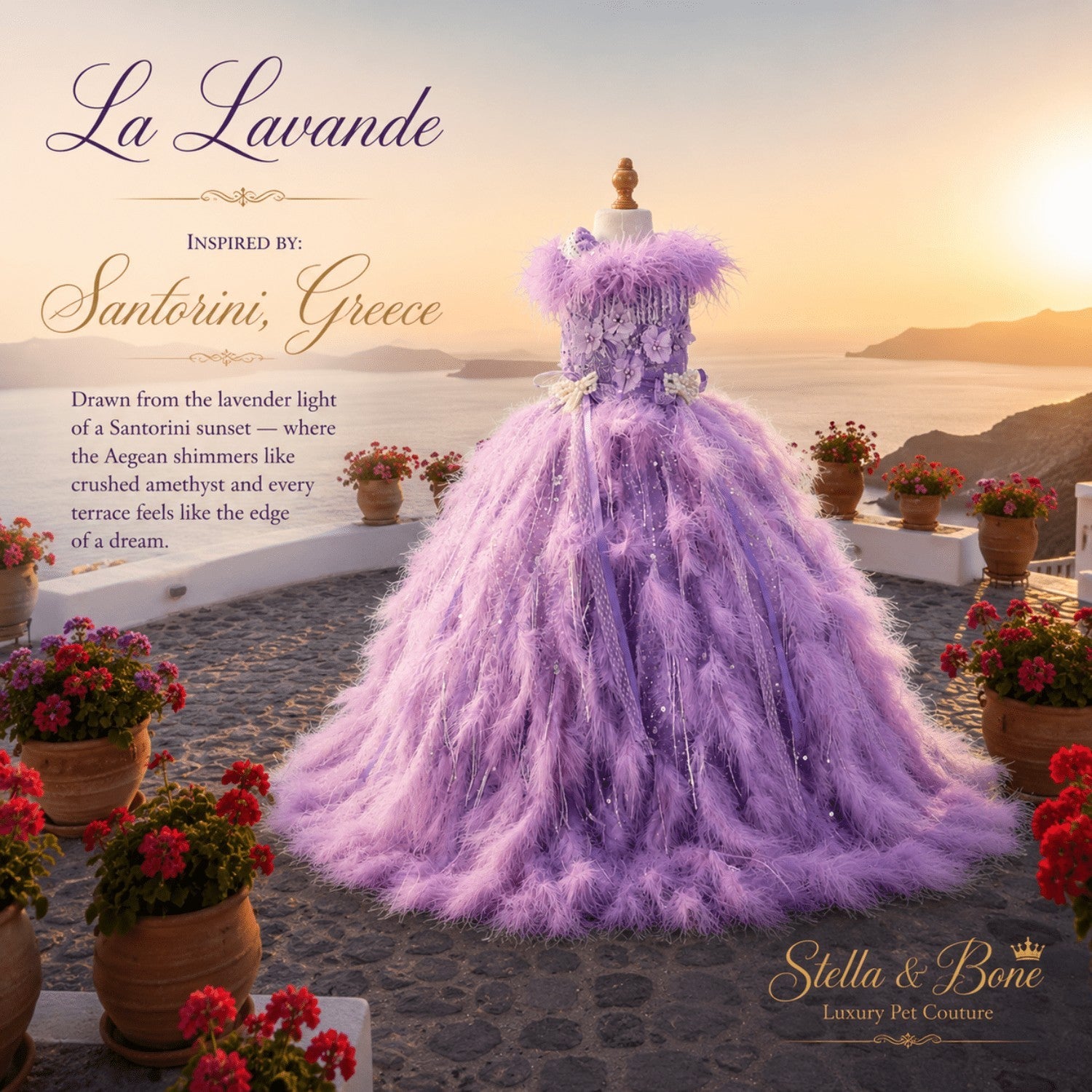 La Lavande, luxury feather couture dog gown with crystal fringe, pearl accents & floral appliques on mannequin