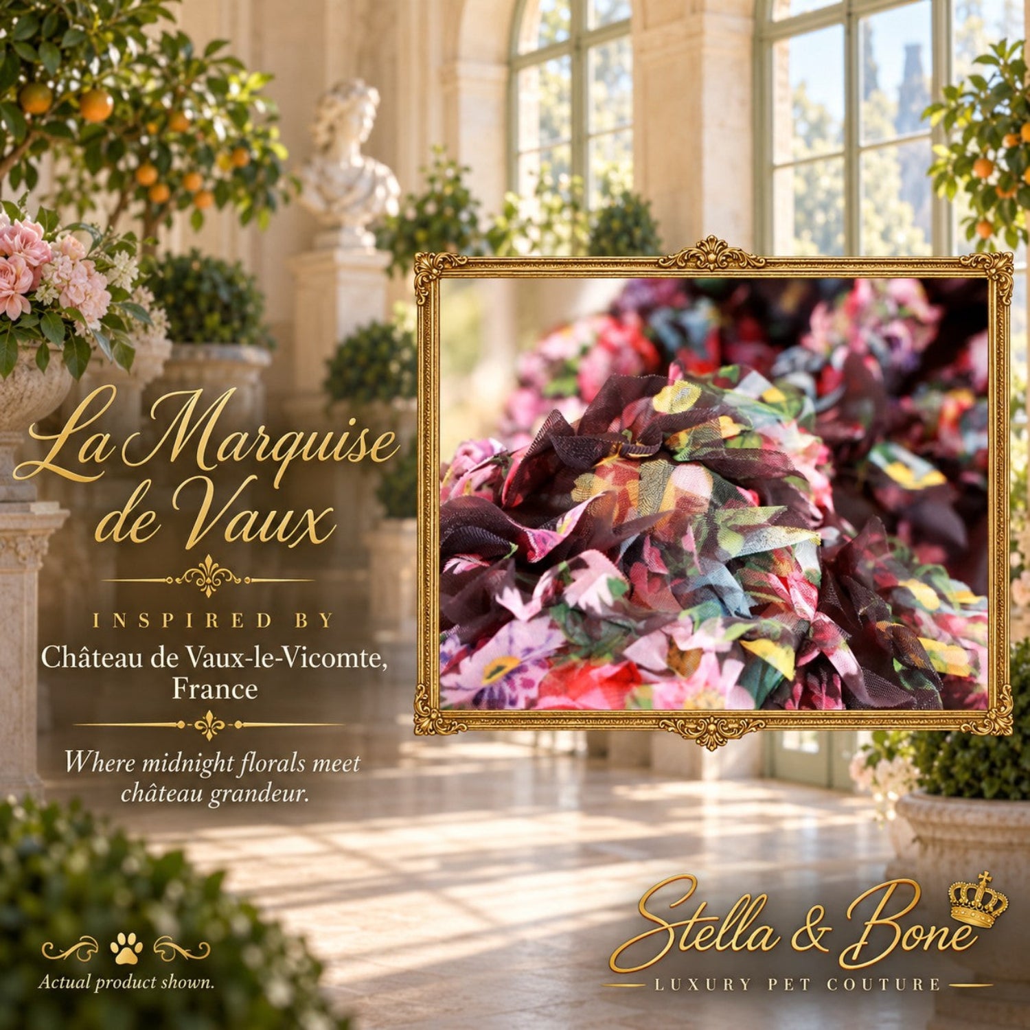Macro view of La Marquise de Vaux dress midnight floral ruffle pattern against a bright sunlit château orangery.