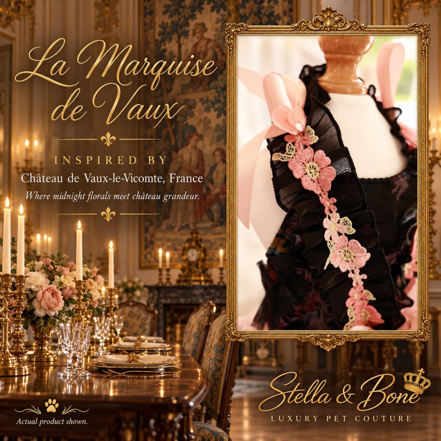 La Marquise de Vaux dress showing pink floral lace on a black bodice against an elegant château dining room backdrop