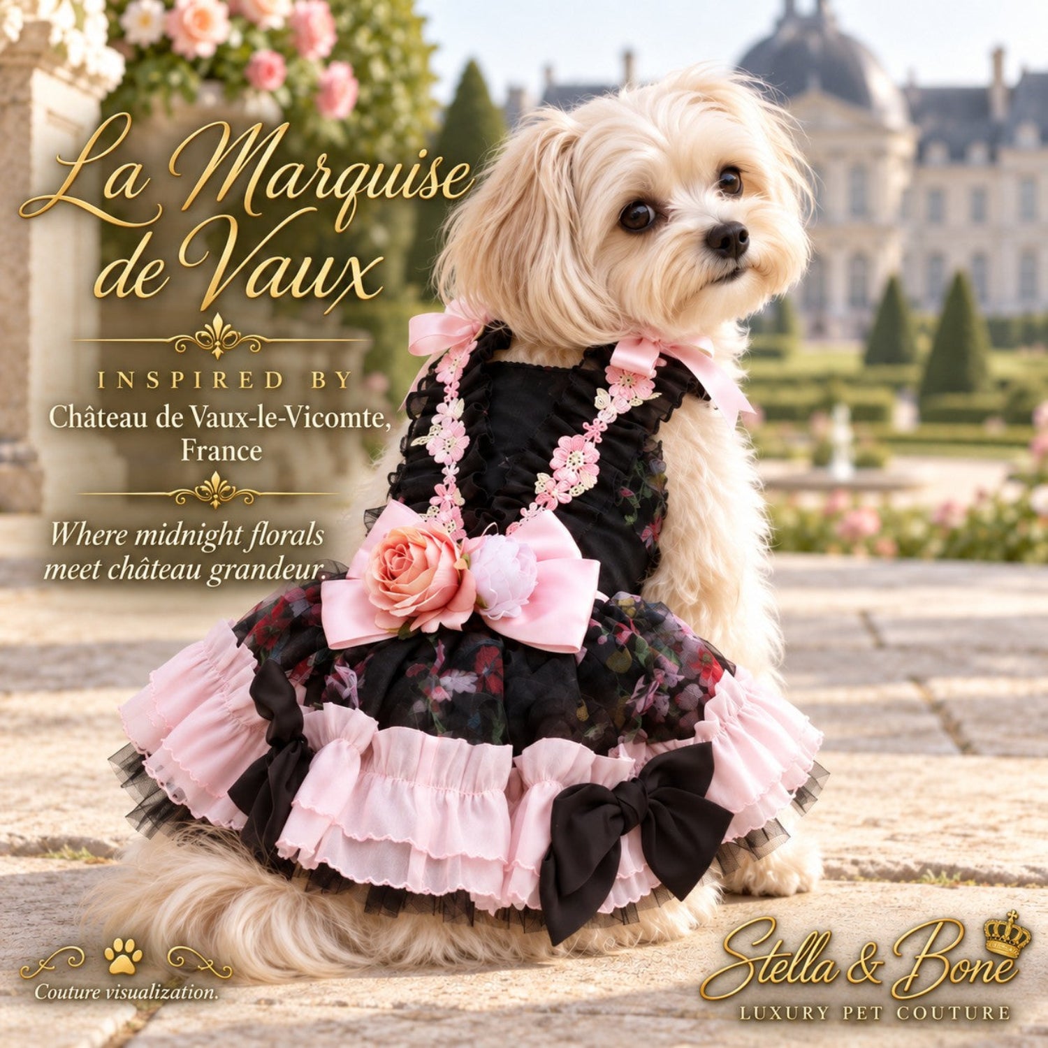 Small fluffy white dog wearing La Marquise de Vaux floral and pink ruffle dress sitting outside a French château.