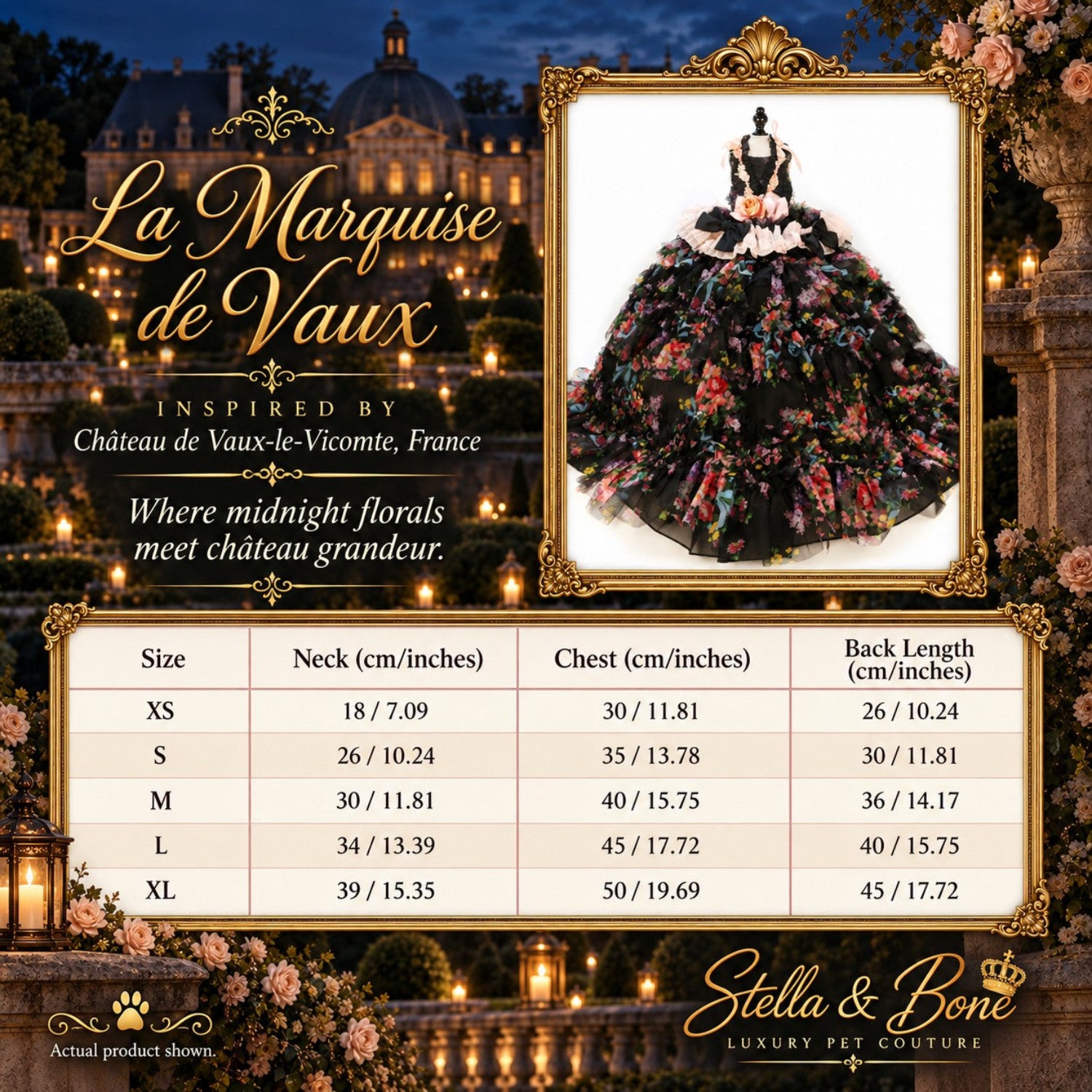 Sizing chart for La Marquise de Vaux dog gown listing standard sizing. Customization is available