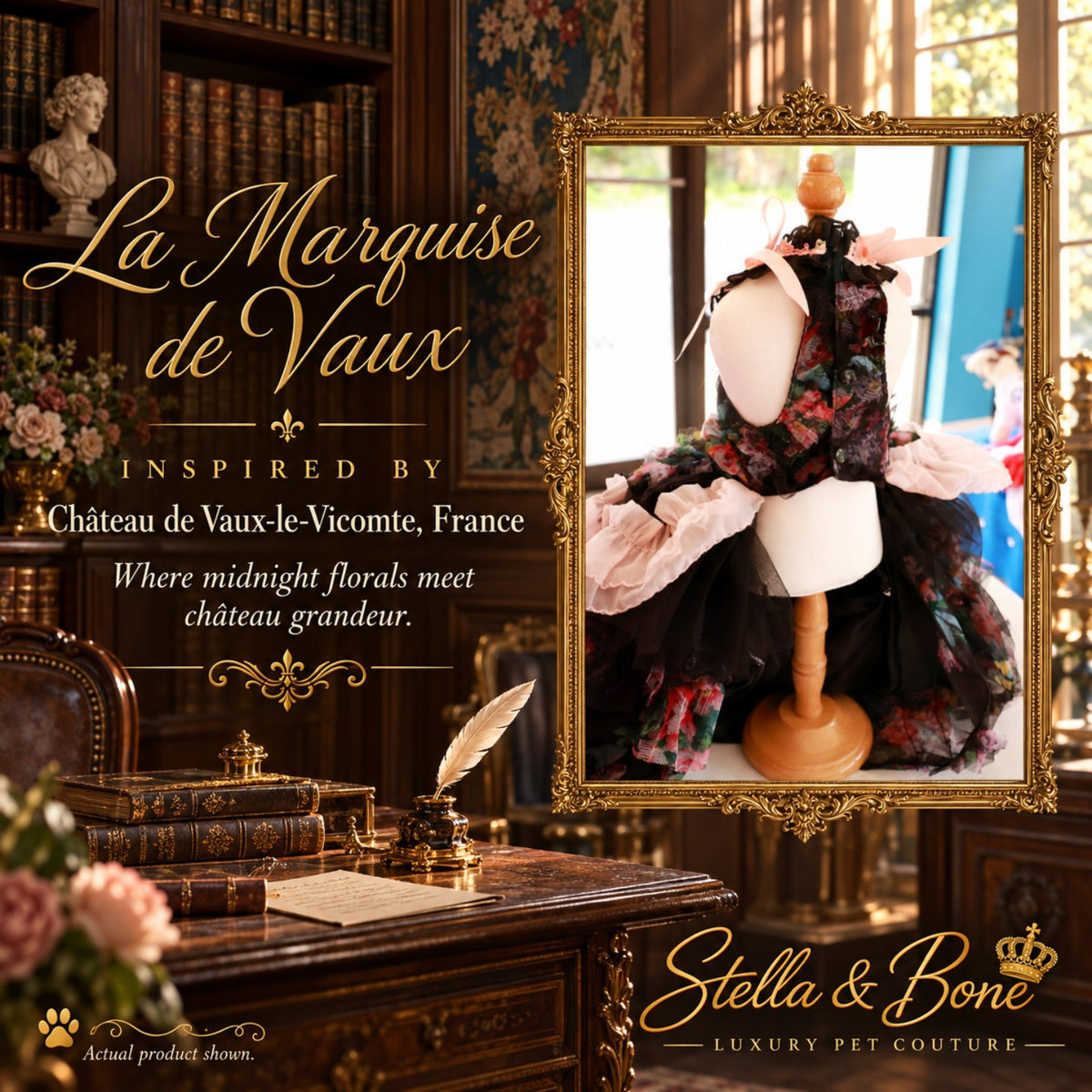 Back view of La Marquise de Vaux floral dog gown with a pink tulle train inside a gold frame in a classic library.