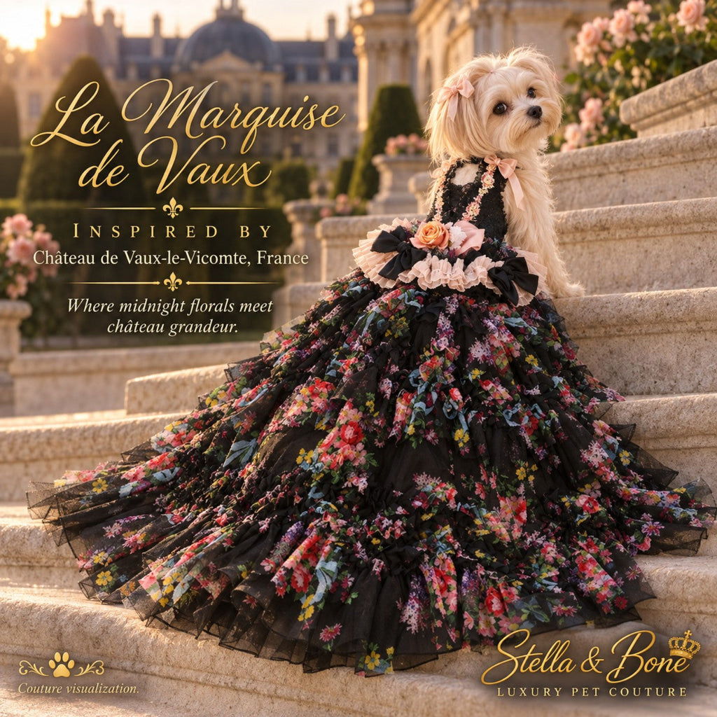 Small white dog wearing La Marquise de Vaux gown with a long floral ruffled train cascading down stone château steps.