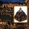 La Marquise de Vaux luxury dark floral dog gown featuring tiered ruffles and a pastel pink bow accent against a French chateau backdrop