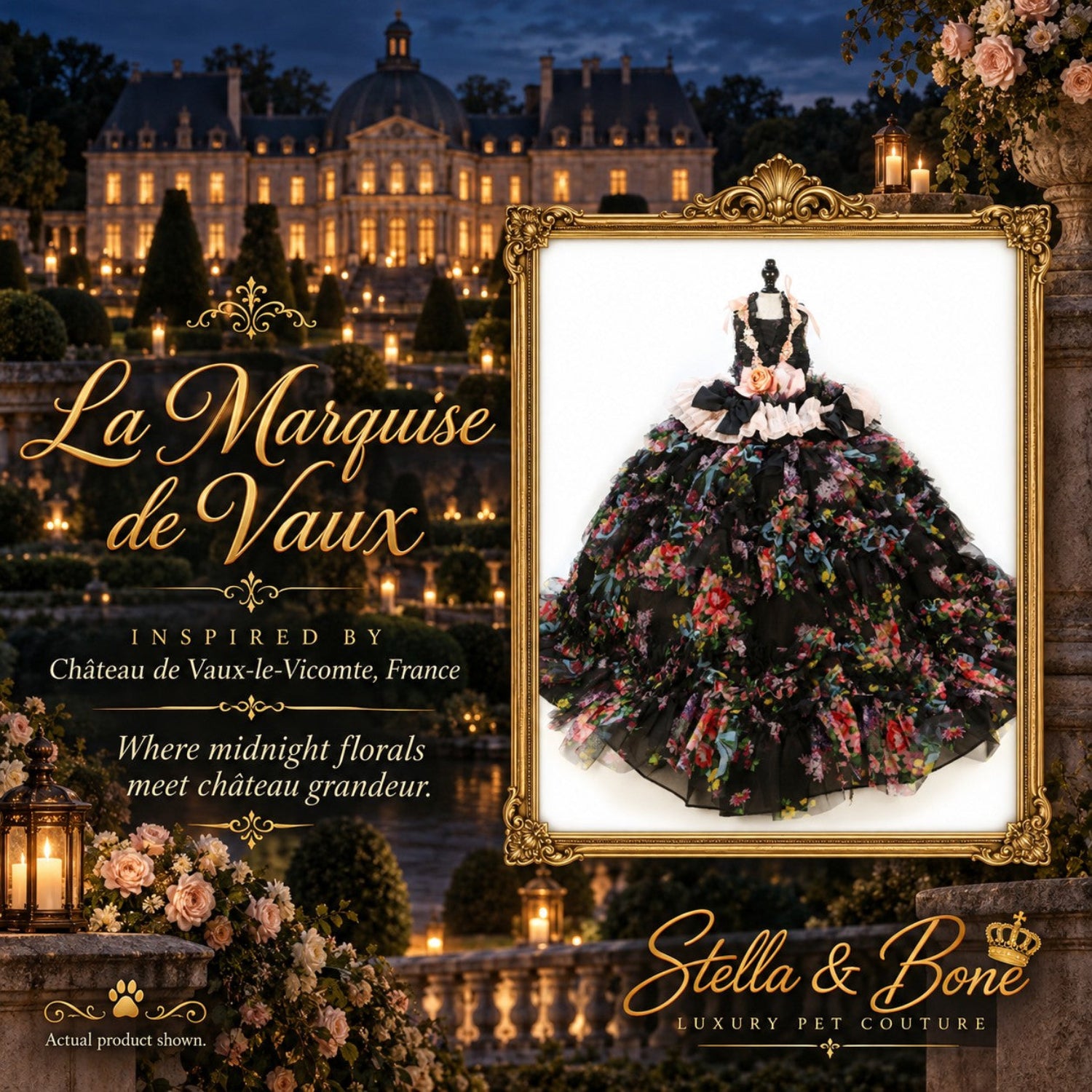 La Marquise de Vaux luxury dark floral dog gown featuring tiered ruffles and a pastel pink bow accent against a French chateau backdrop