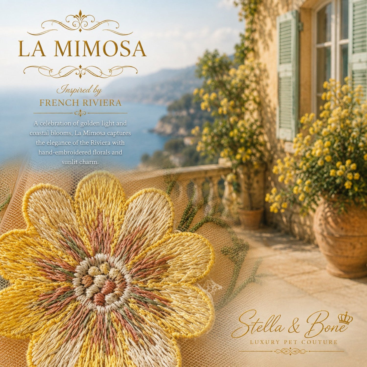 Close-up of La Mimosa luxury dog wedding dress showing hand-embroidered yellow flower detail on sheer tulle outdoors.