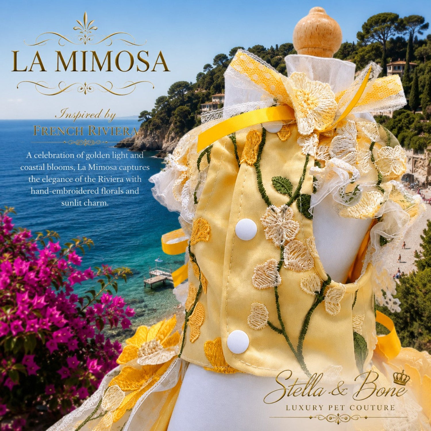 Belly view of La Mimosa luxury couture dog wedding dress showing white snap button closures and embroidered green vines.