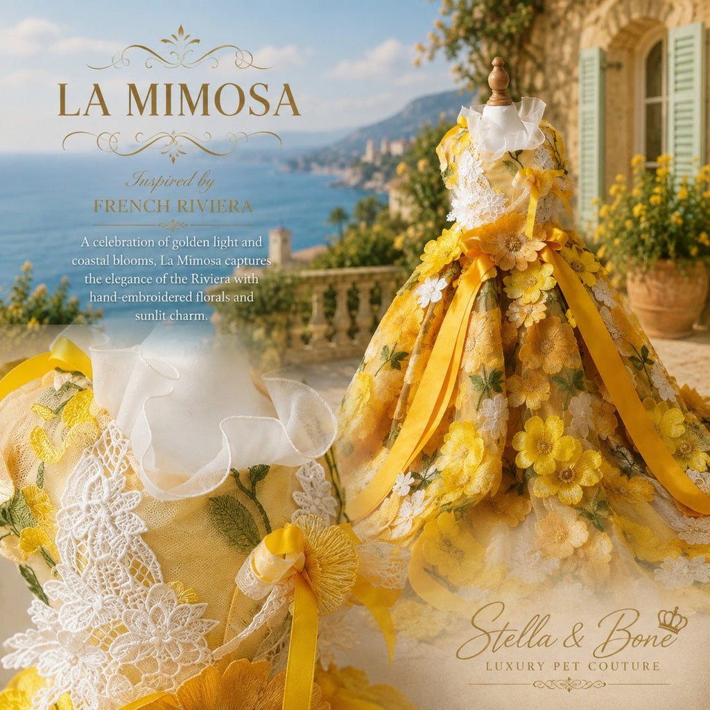 La Mimosa luxury couture dog wedding dress collection showing the full yellow floral gown and a bodice close-up outdoors.