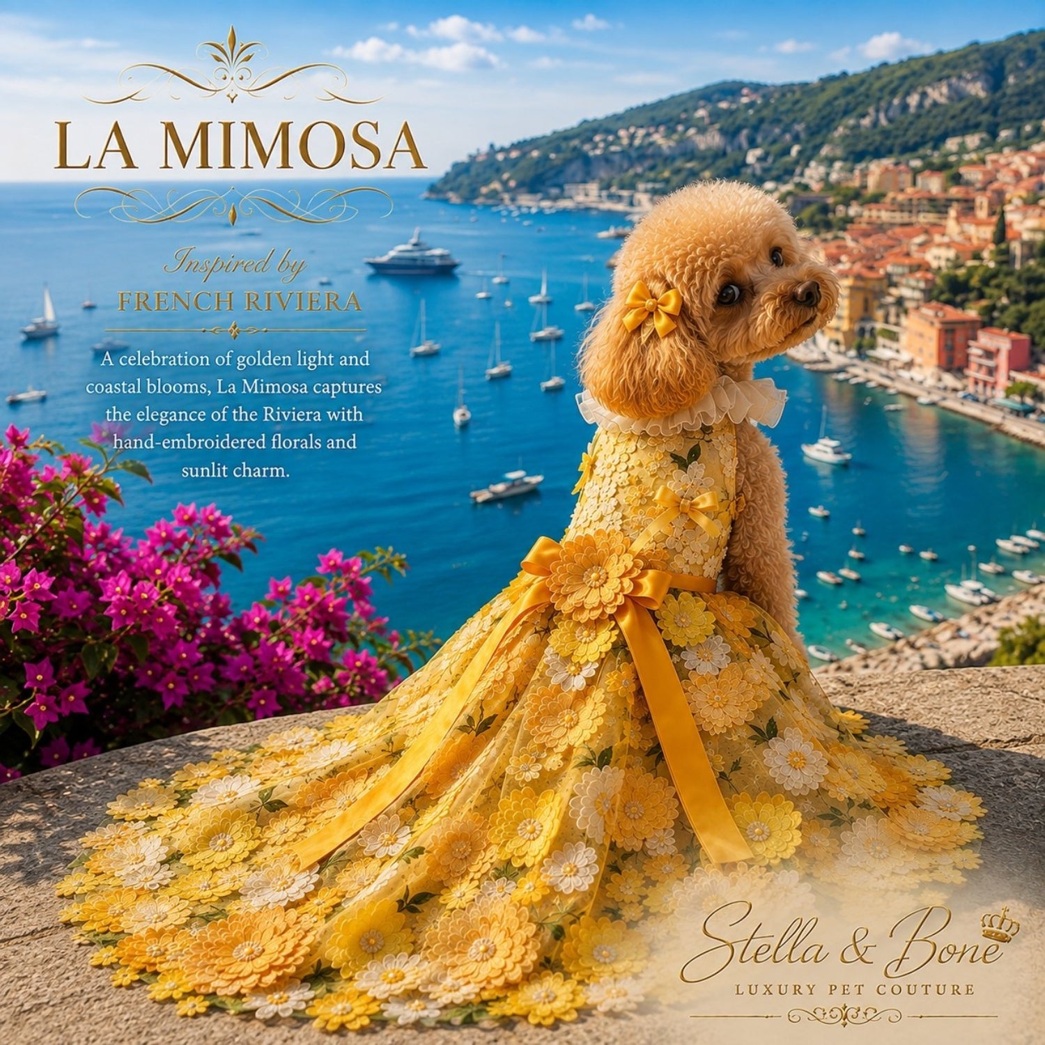 Small brown poodle modeling La Mimosa luxury couture dog wedding dress featuring an elaborate long train with yellow florals.