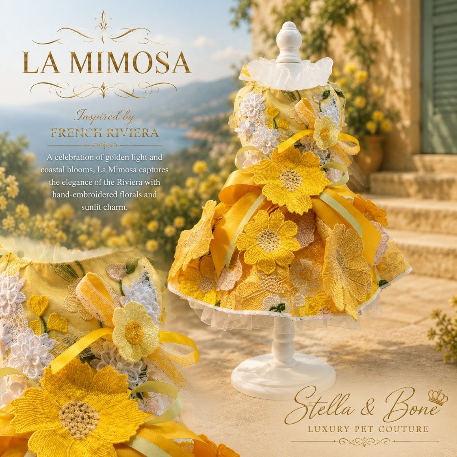 La Mimosa luxury couture dog wedding dress displayed on a white mannequin featuring large yellow 3D floral accents.