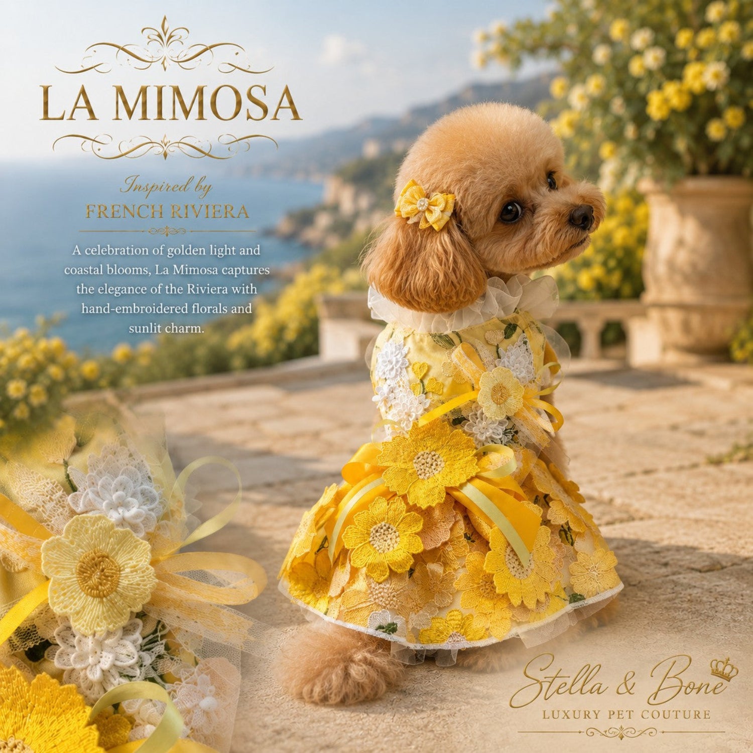 Small brown poodle wearing La Mimosa luxury couture dog wedding dress with a matching yellow bow sitting on a terrace.