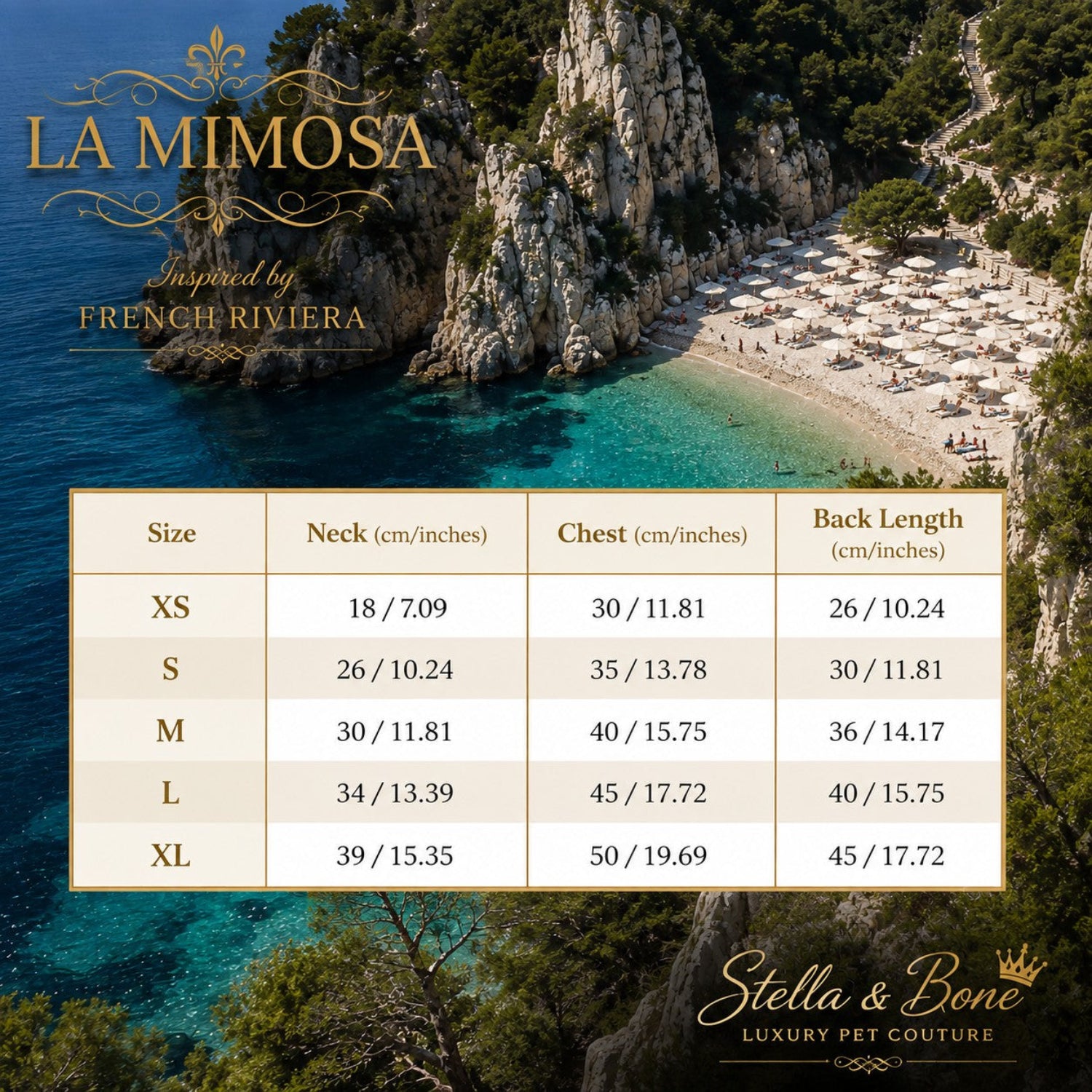 La Mimosa size chart couture dog wedding dress featuring bespoke customization on French Riviera.