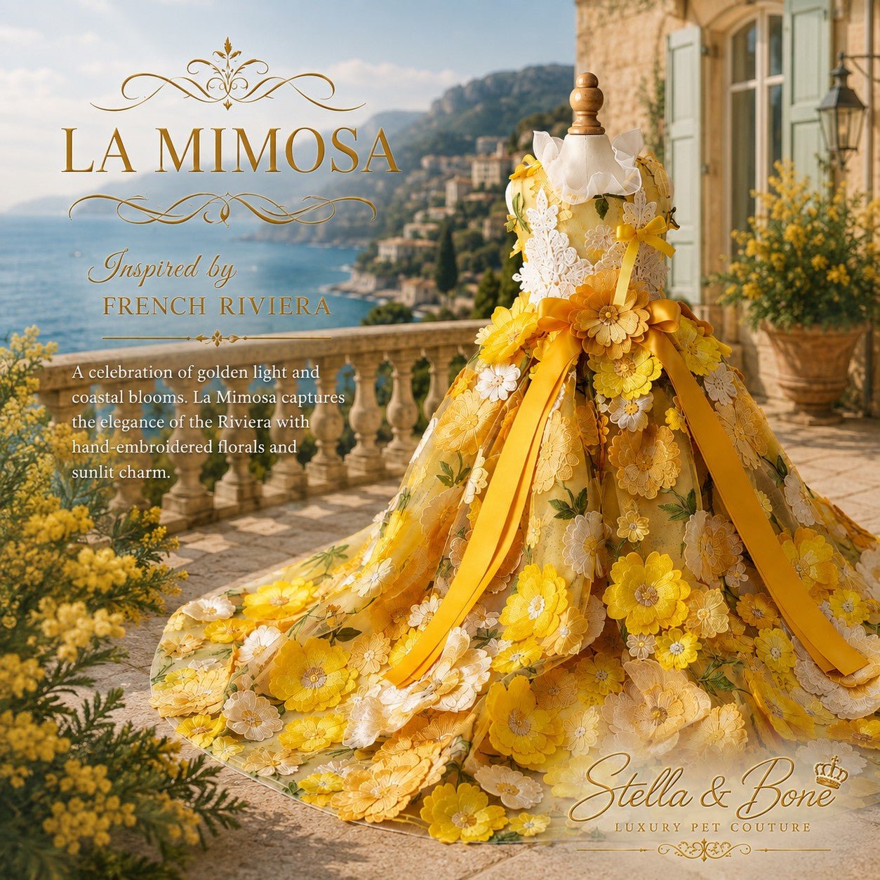 La Mimosa luxury dog wedding dress showing the back view on a mannequin by the French Riviera