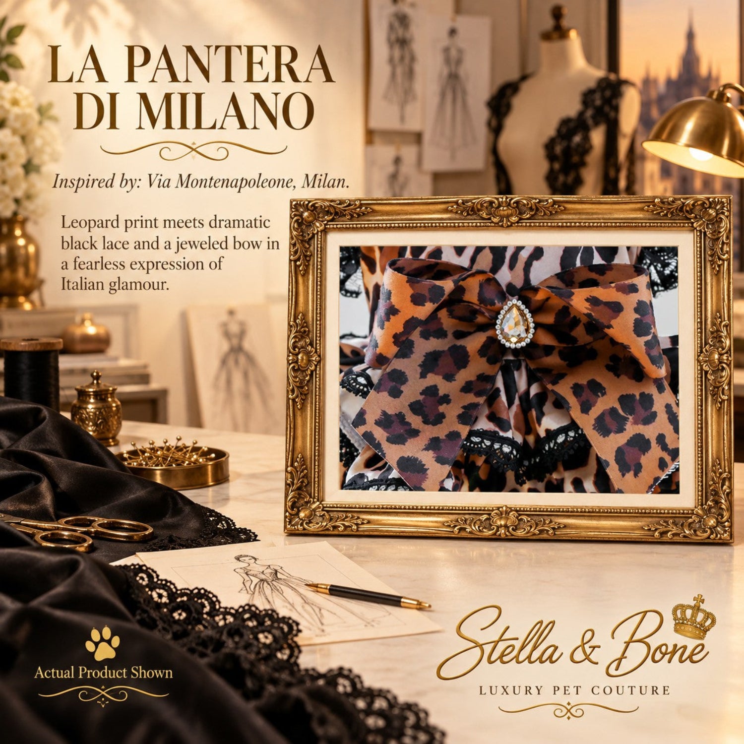 Close-up of La Pantera di Milano luxury dog dress showcasing a detailed leopard print bow with a crystal jewel center.