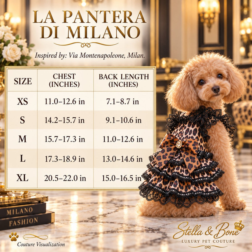 Size chart for La Pantera di Milano luxury dog dress listing chest and back length measurements from size XS to XL.