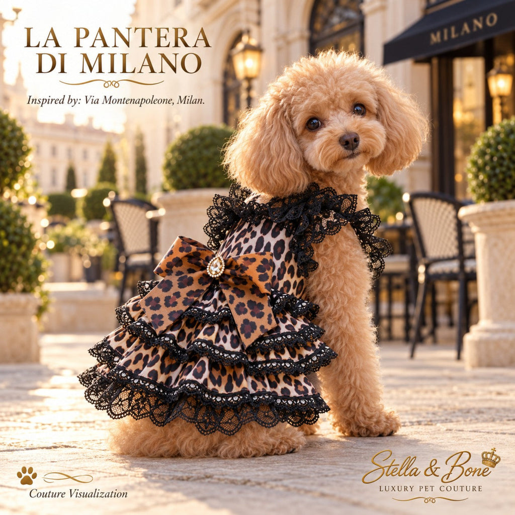 La Pantera di Milano couture dog gown featuring a jeweled leopard bow, layered ruffle skirt, and delicate black lace trim.