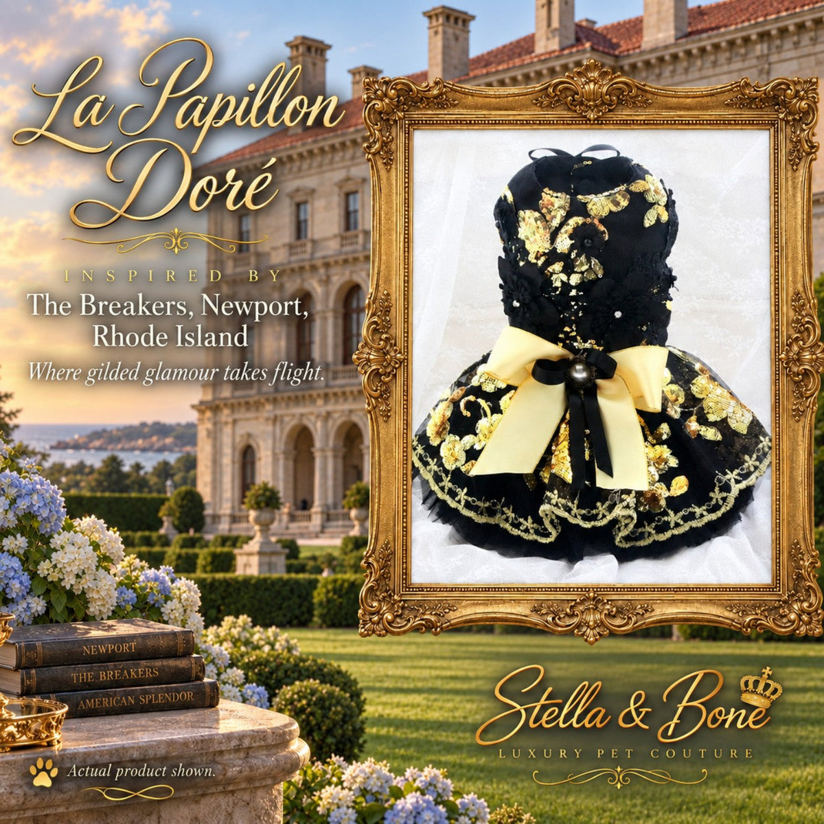 La Papillon Dore couture dog dress featuring intricate gold lace overlay, black tulle crinoline, and a satin sash