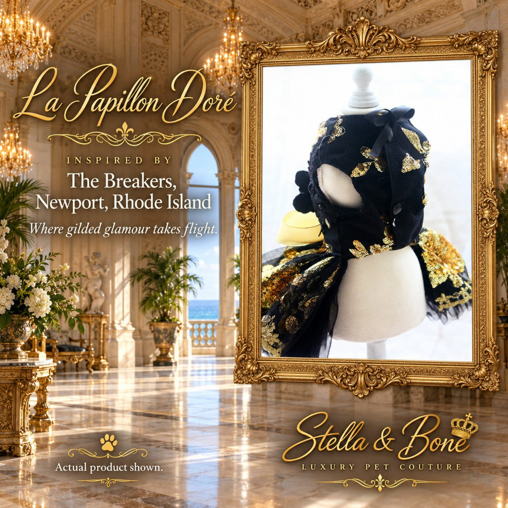 La Papillon Dore couture dog dress side view showing the tailored black bodice, gold embroidery, and layered skirt.