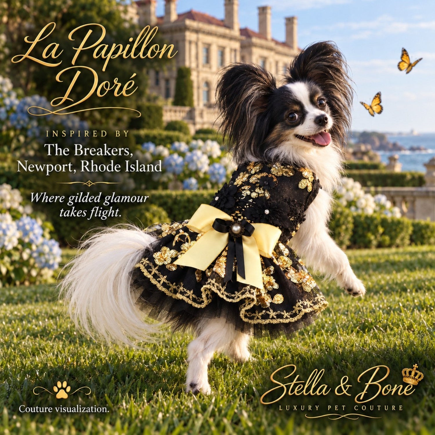 Papillon dog running in a luxury dress alongside butterflies, showcasing La Papillon Dore black and gold couture.