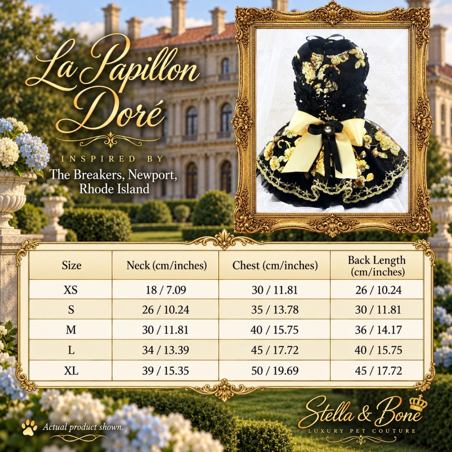 La Papillon Dore couture dog dress size chart in standard sizes. Bespoke customization is available.