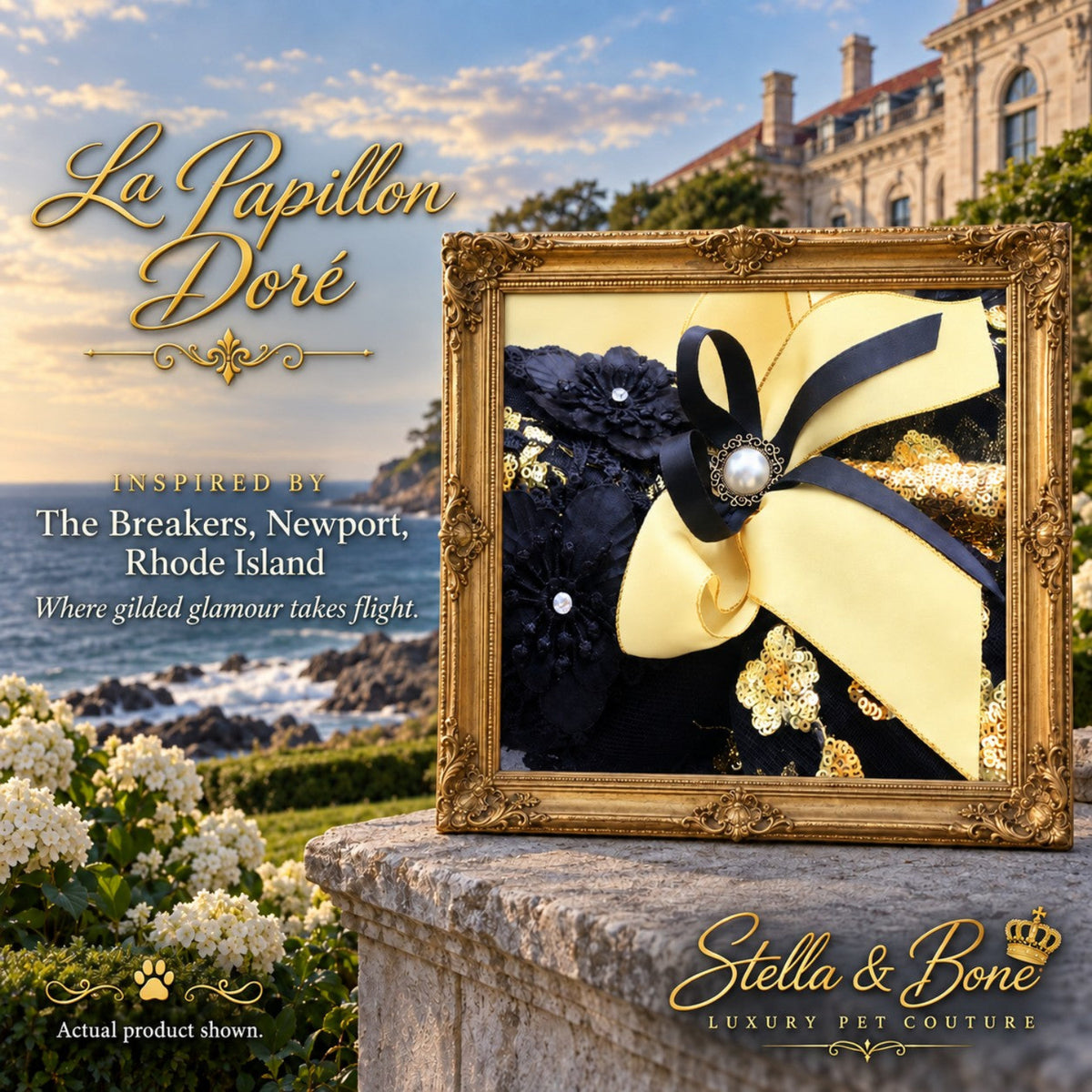 Close-up of La Papillon Dore luxury pet dress showcasing a satin sash, pearl embellishment, and gold sequin floral lace.