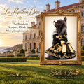 La Papillon Dore luxury dog dress in black velvet and gold floral embroidery, inspired by Newport Gilded Age glamour.