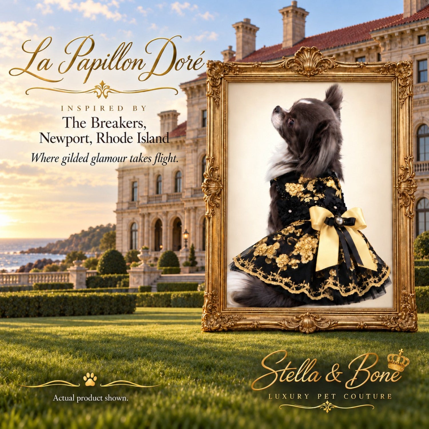 La Papillon Dore luxury dog dress in black velvet and gold floral embroidery, inspired by Newport Gilded Age glamour.