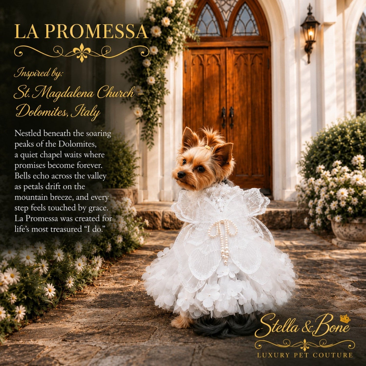 La Promessa luxury white dog wedding gown back view on a Yorkie, featuring designer pet couture by elegant church doors.