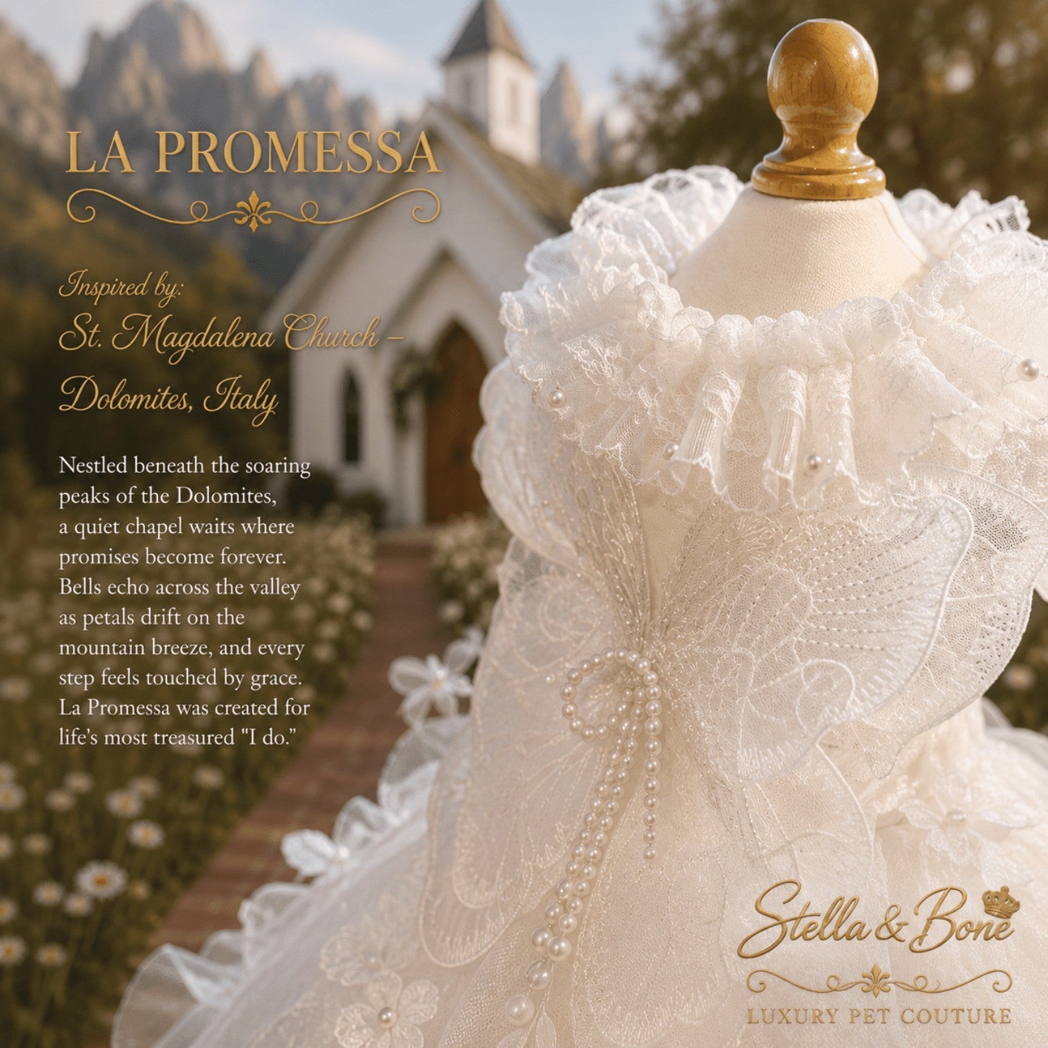 La Promessa luxury white dog wedding gown side view, showcasing a ruffled lace neckline and designer pearl details.