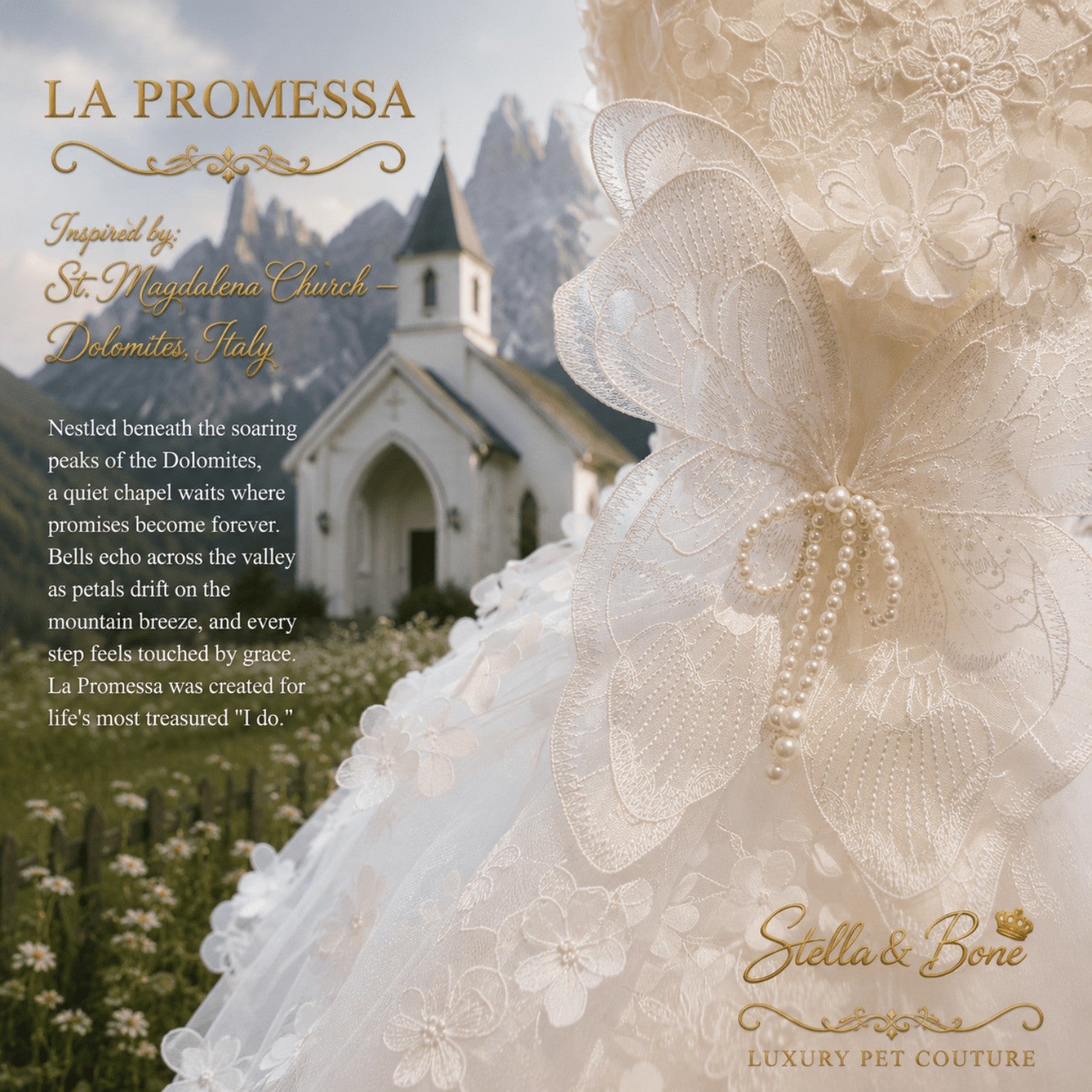 La Promessa luxury white dog wedding gown close-up, showcasing designer lace butterfly wings and pearl bow details.
