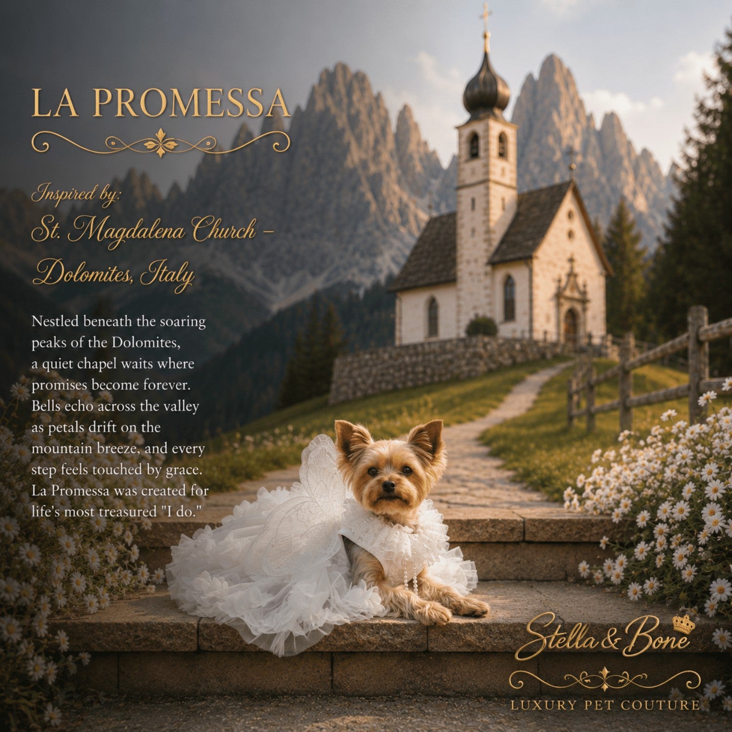 La Promessa luxury white dog wedding gown on a Yorkie, featuring designer pet couture by a Dolomites Italy church.