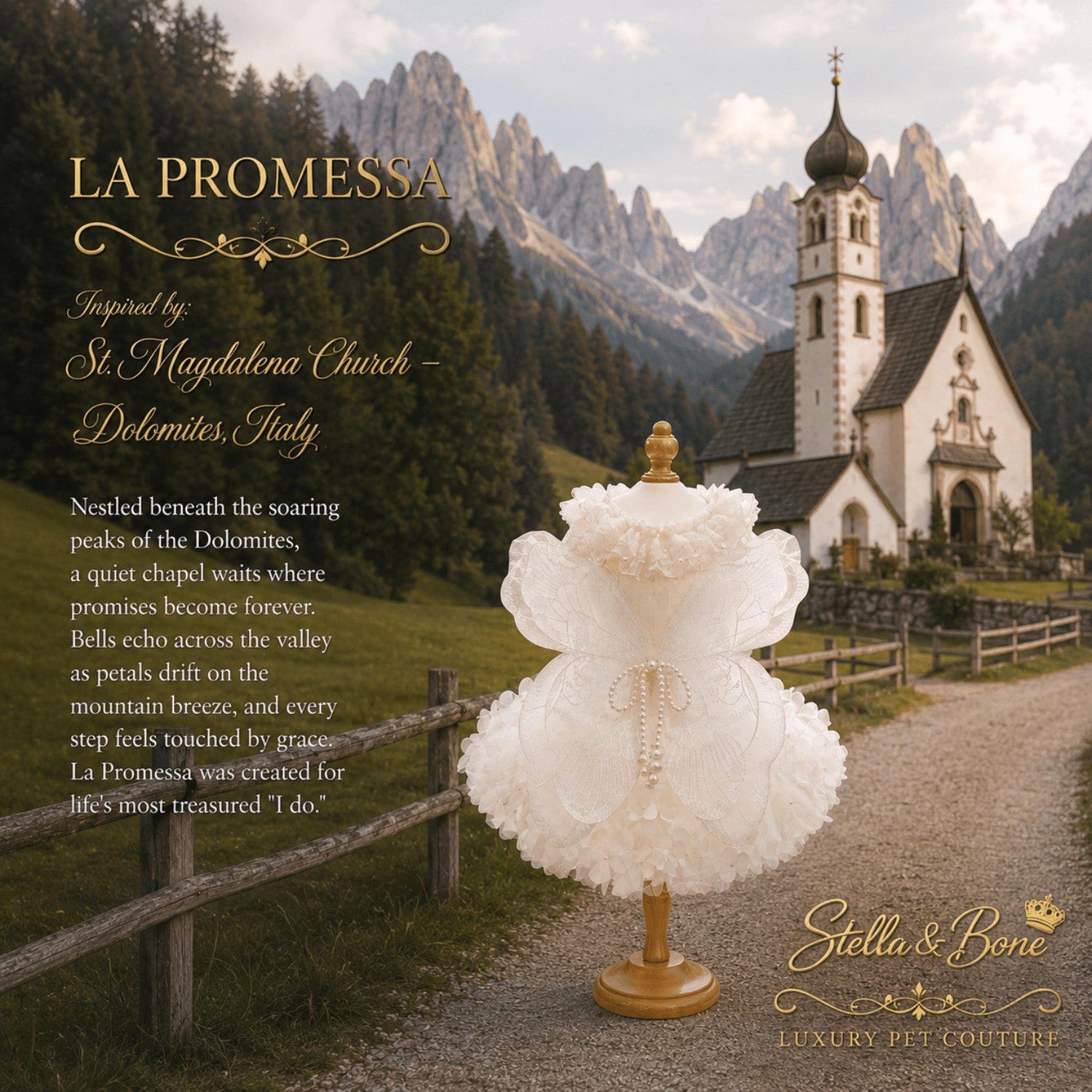 La Promessa luxury white dog wedding gown on a mannequin, featuring designer pet couture by a Dolomites Italy chapel.