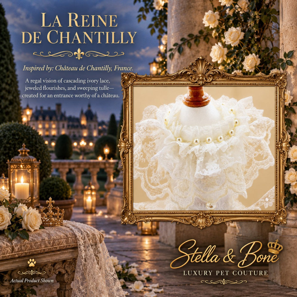 La Reine de Chantilly wedding dog dress neckline detail featuring an ivory lace collar and a pearl bead necklace.