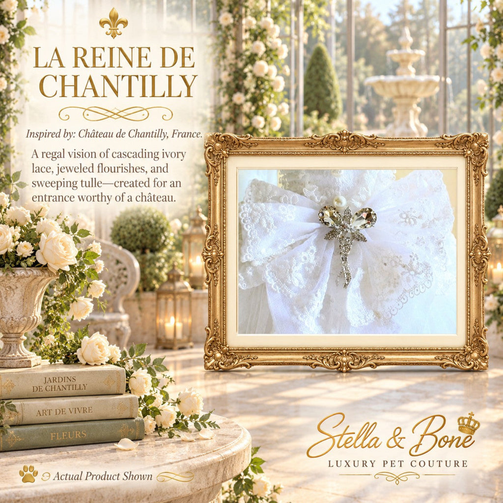 La Reine de Chantilly wedding dog gown close-up with a large lace bow and a detailed crystal rhinestone brooch.