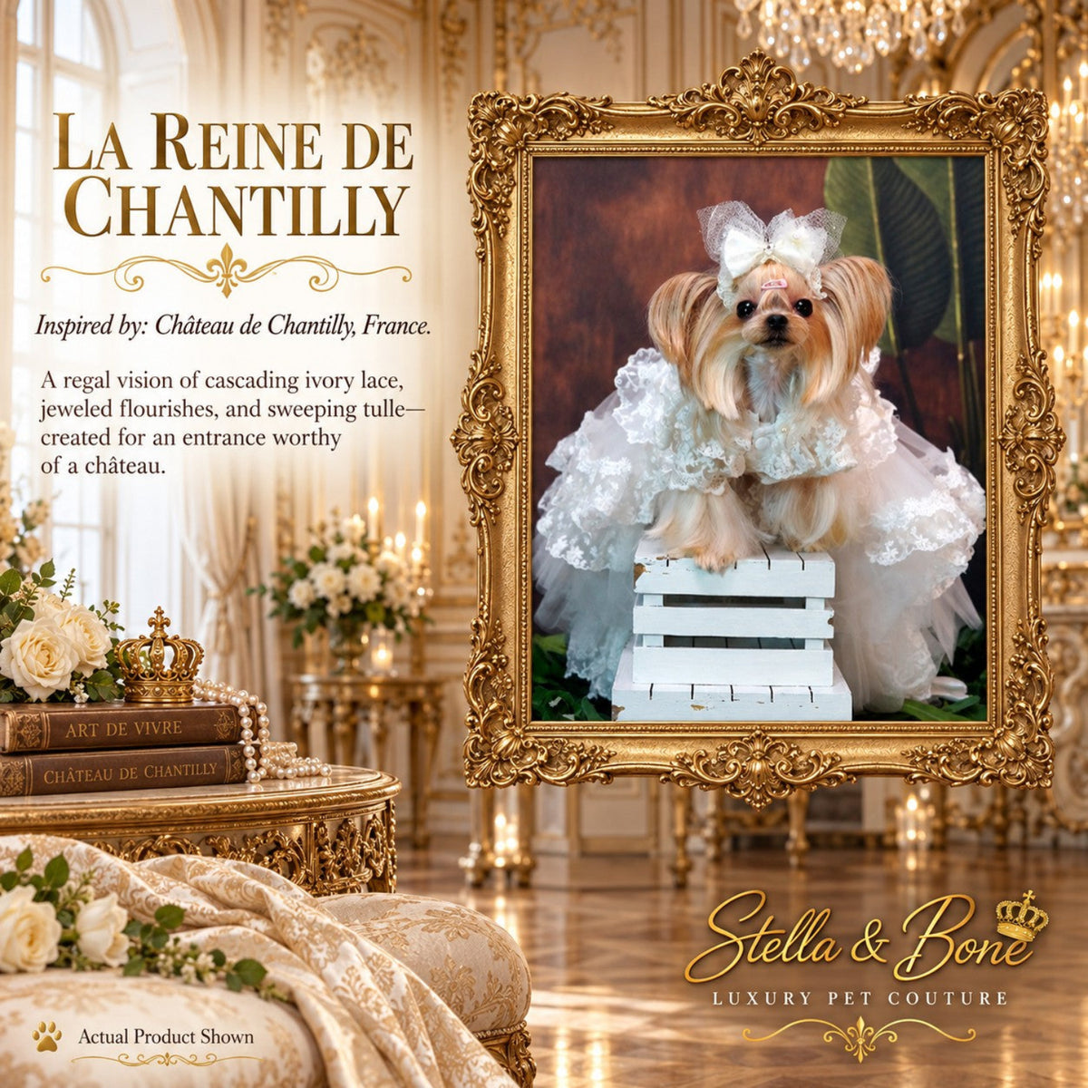 La Reine de Chantilly luxury wedding dog gown featuring ivory lace and cascading tulle for a regal bridal pet look.