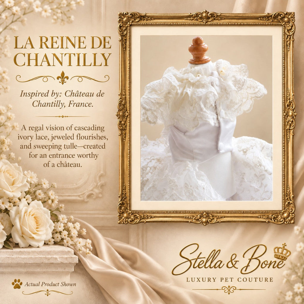 La Reine de Chantilly couture wedding dog dress back view showing the collar details and bodice fit on a mannequin.