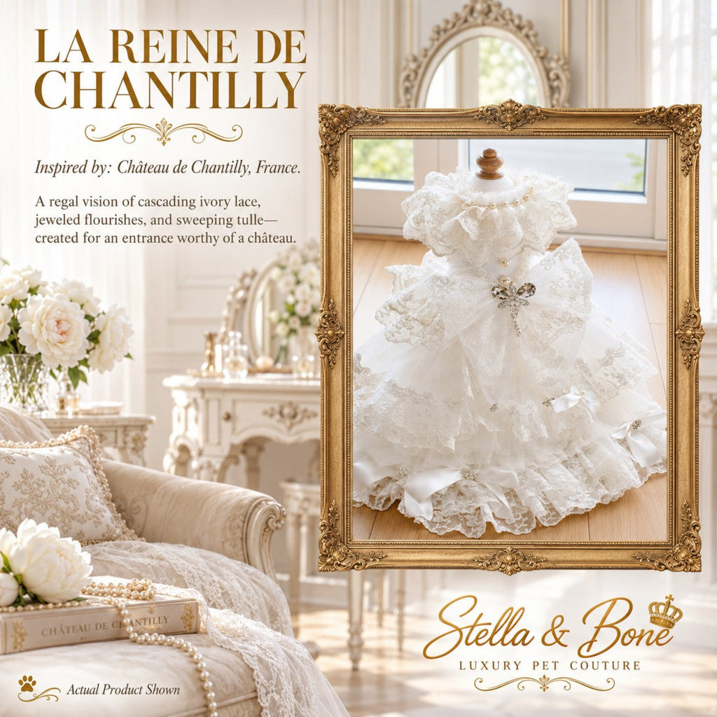 La Reine de Chantilly luxury wedding dog dress with ivory lace and jeweled flourishes on a mannequin display.
