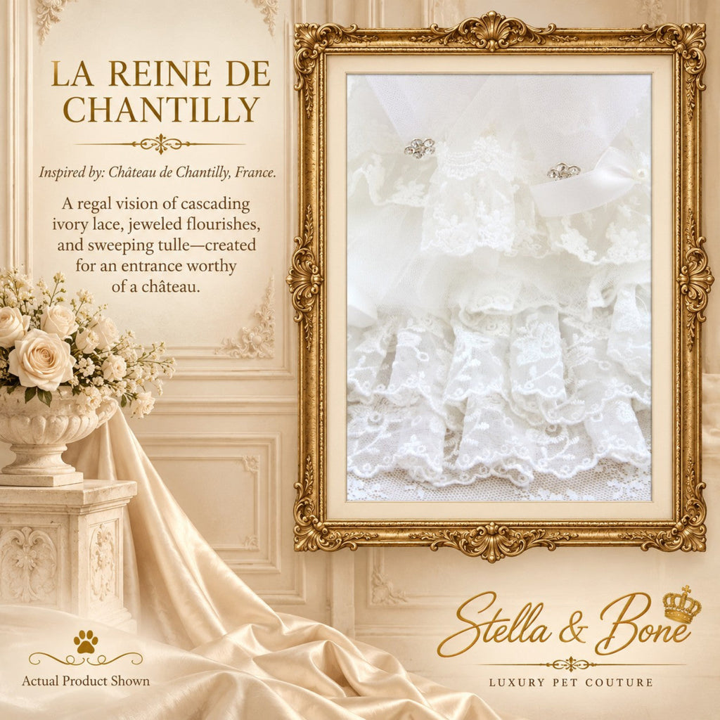 La Reine de Chantilly luxury wedding dog gown close-up showing intricate cascading ivory lace and layered tulle ruffles.