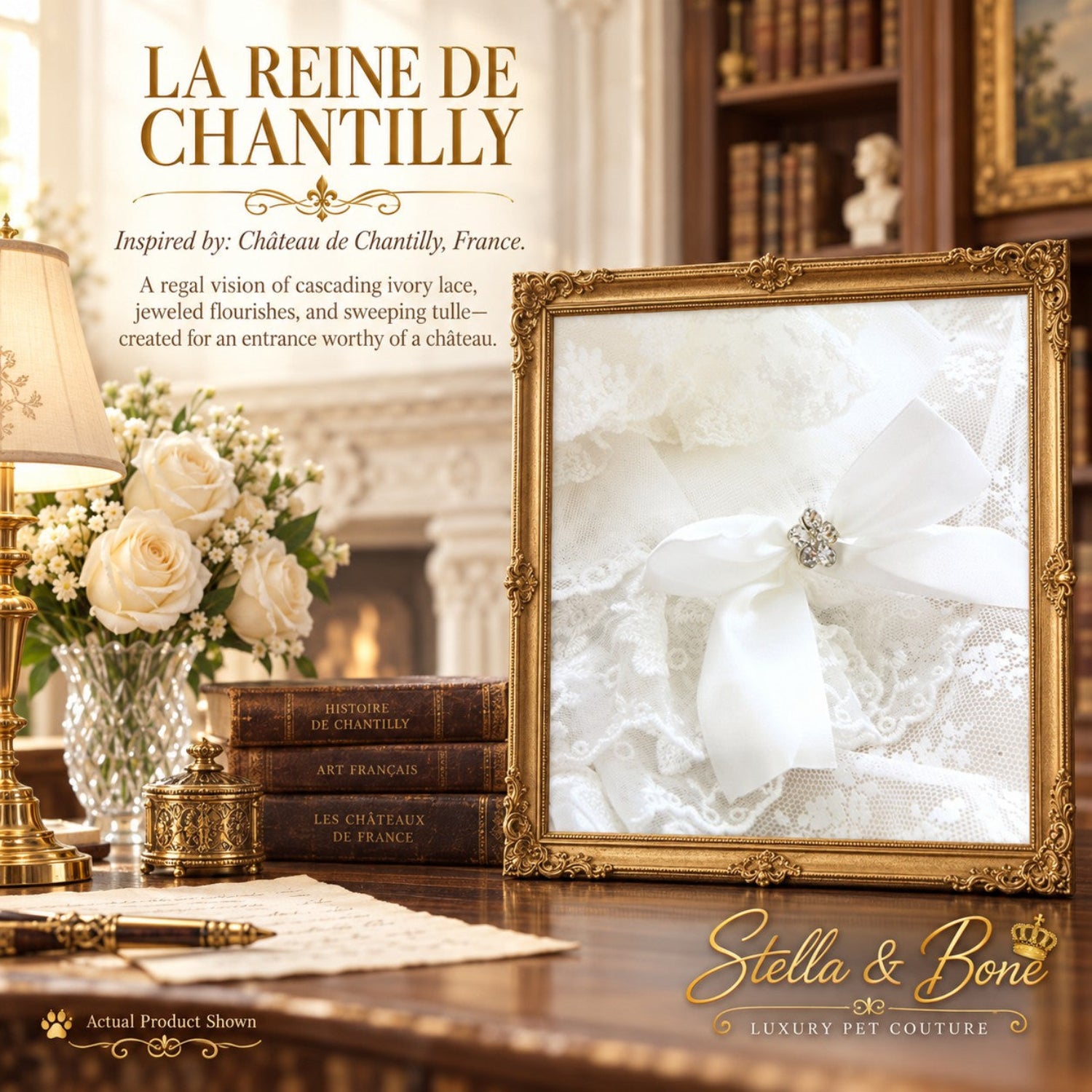 La Reine de Chantilly wedding dog gown close-up featuring a satin bow and a shimmering jeweled brooch.
