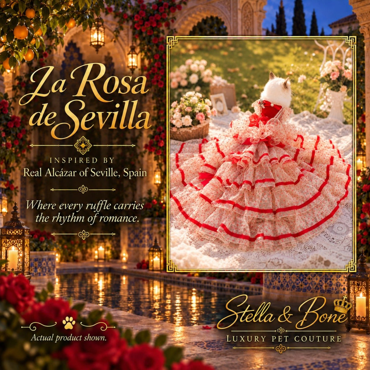 La Rosa de Sevilla luxury ruffled red cat wedding dress worn by a cat for a formal pet wedding outfit