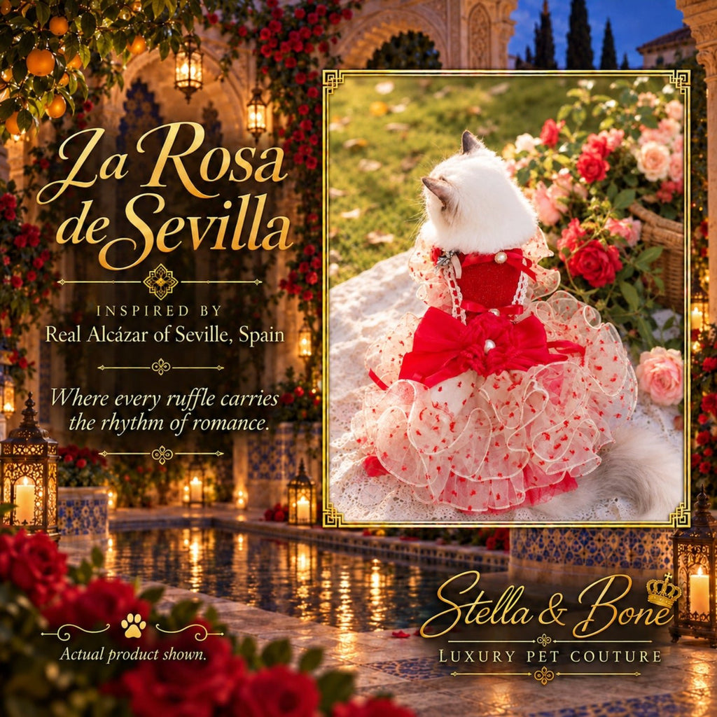 La Rosa de Sevilla luxury ruffled red cat wedding dress worn by a cat for a formal pet wedding outfit