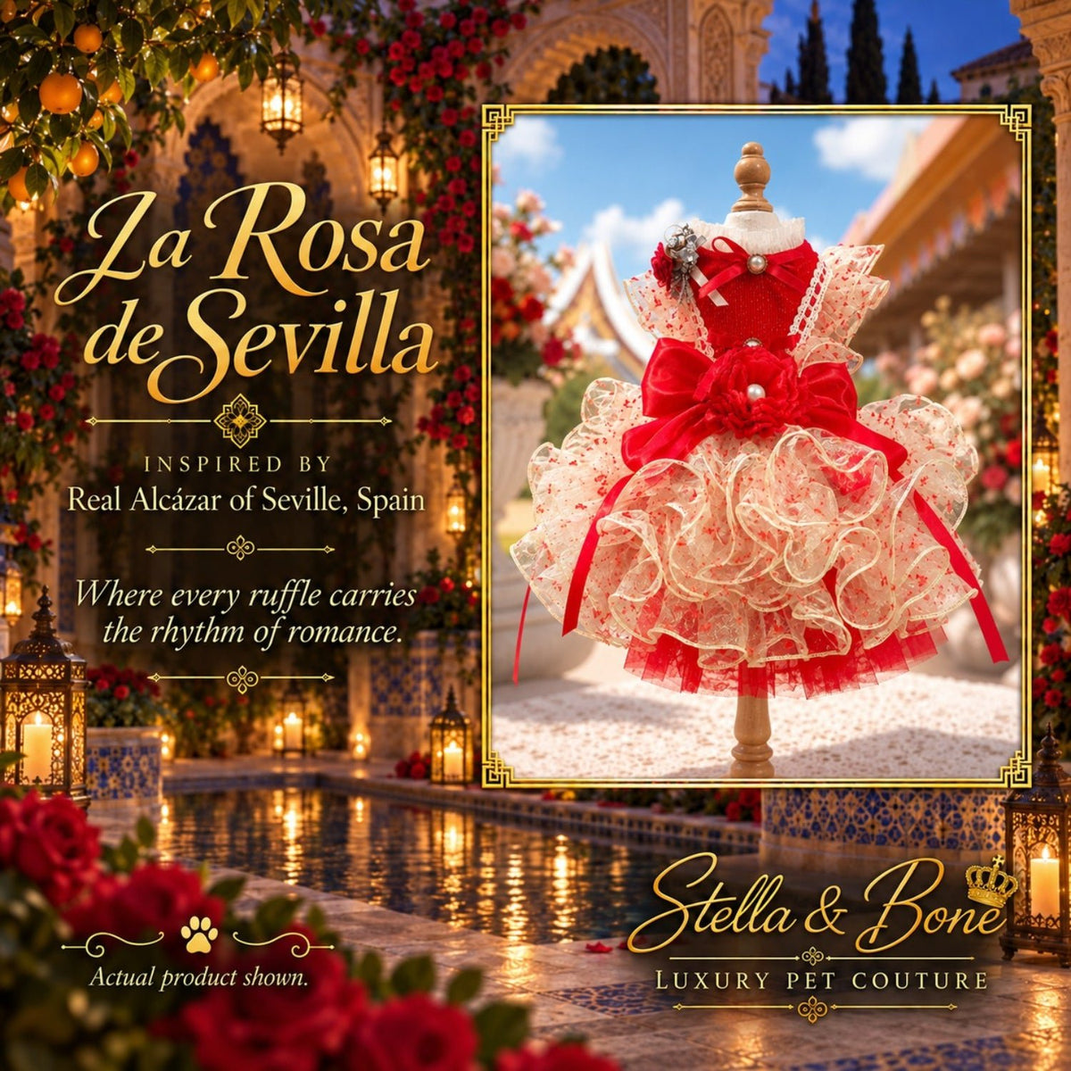 La Rosa de Sevilla luxury ruffled red dog wedding dress displayed on a mannequin for a formal pet wedding outfit