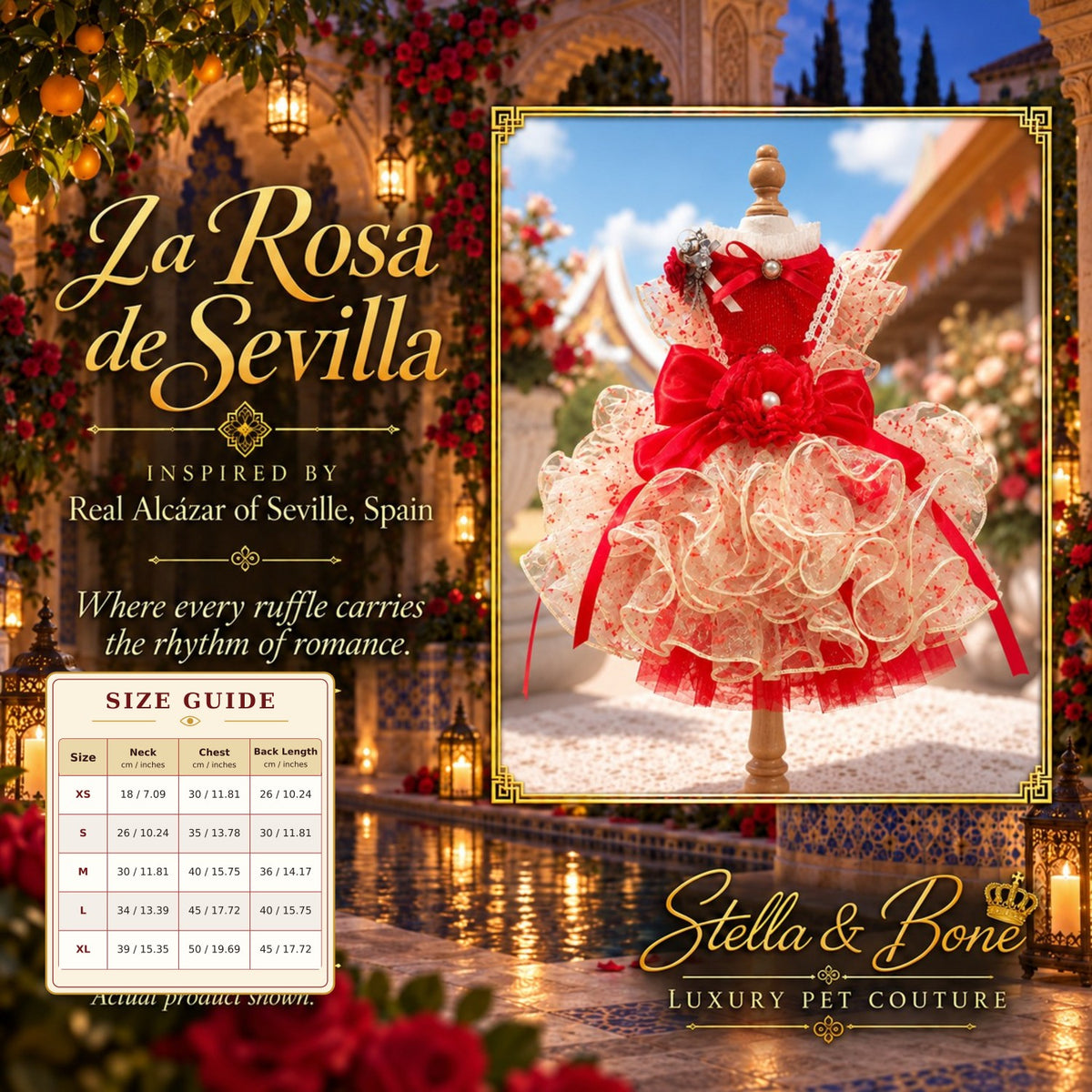 La Rosa de Sevilla couture dog wedding gown size chart. Standard and bespoke customization