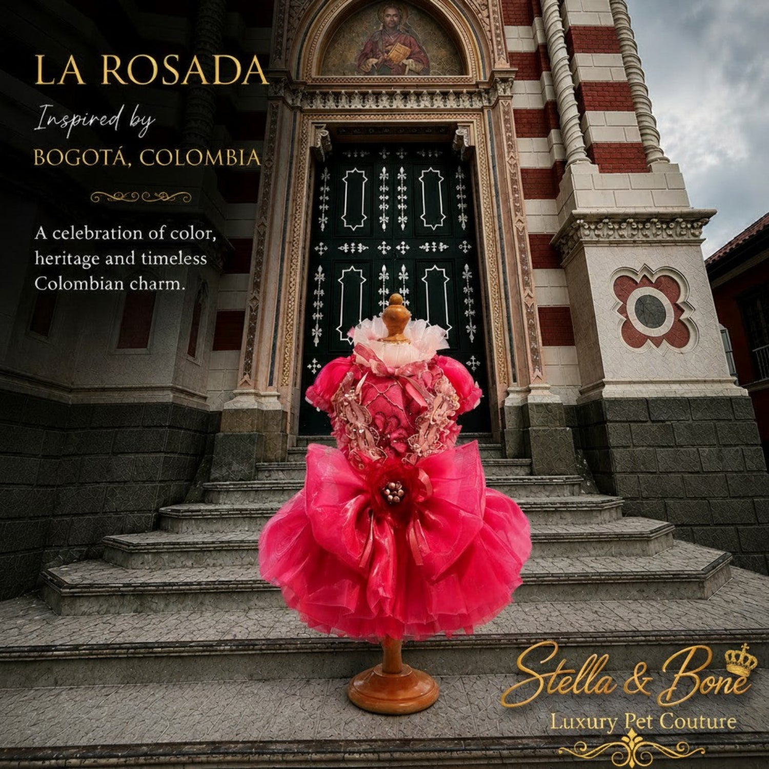 La Rosada couture dog wedding dress featuring vibrant pink tulle layers and Colombian-inspired luxury design.