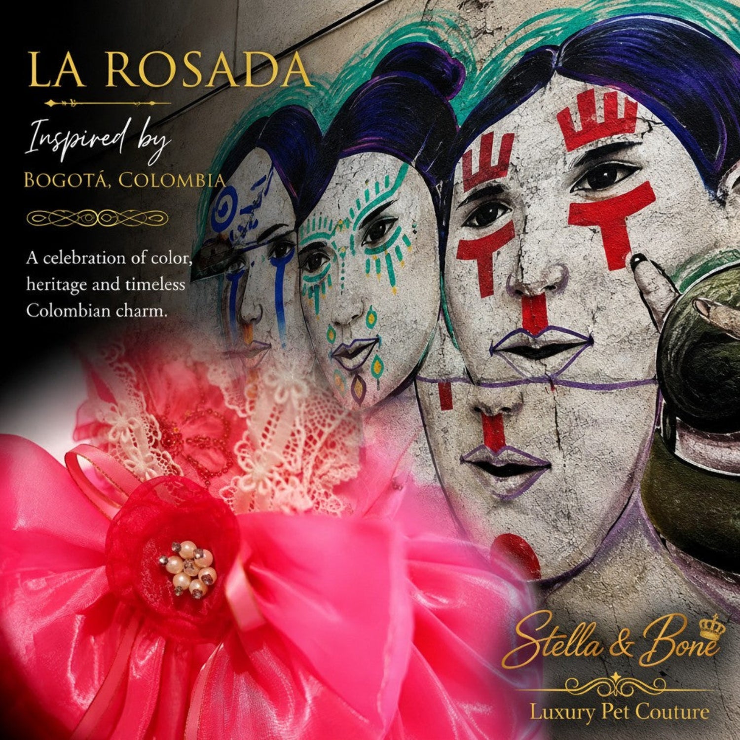 La Rosada couture dog wedding dress close-up with pink tulle, rosette, and lace beside a Bogota Colombia street art mural.
