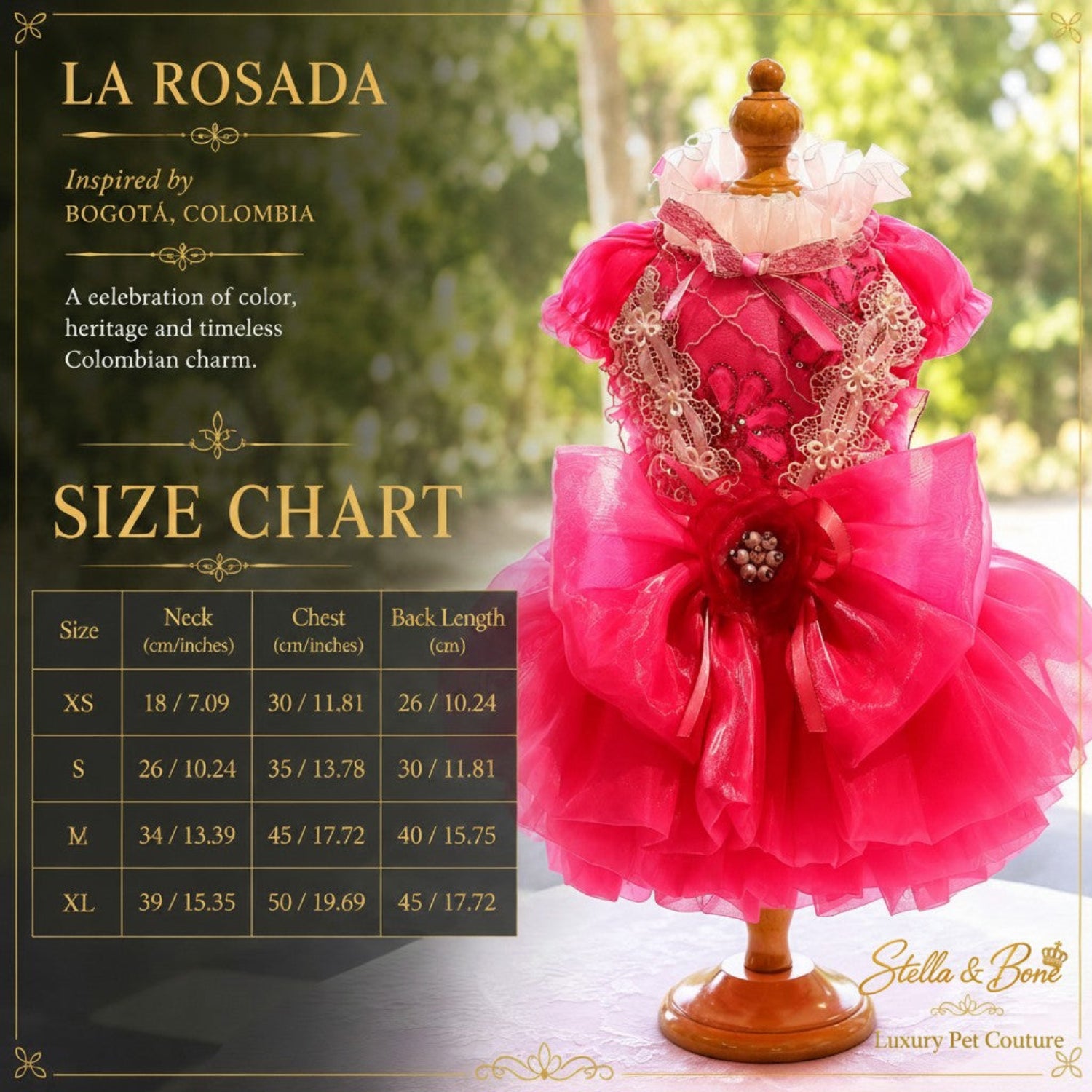 La Rosada couture dog wedding dress size chart next to a pink tulle custom flower girl dog dress on a display mannequin.