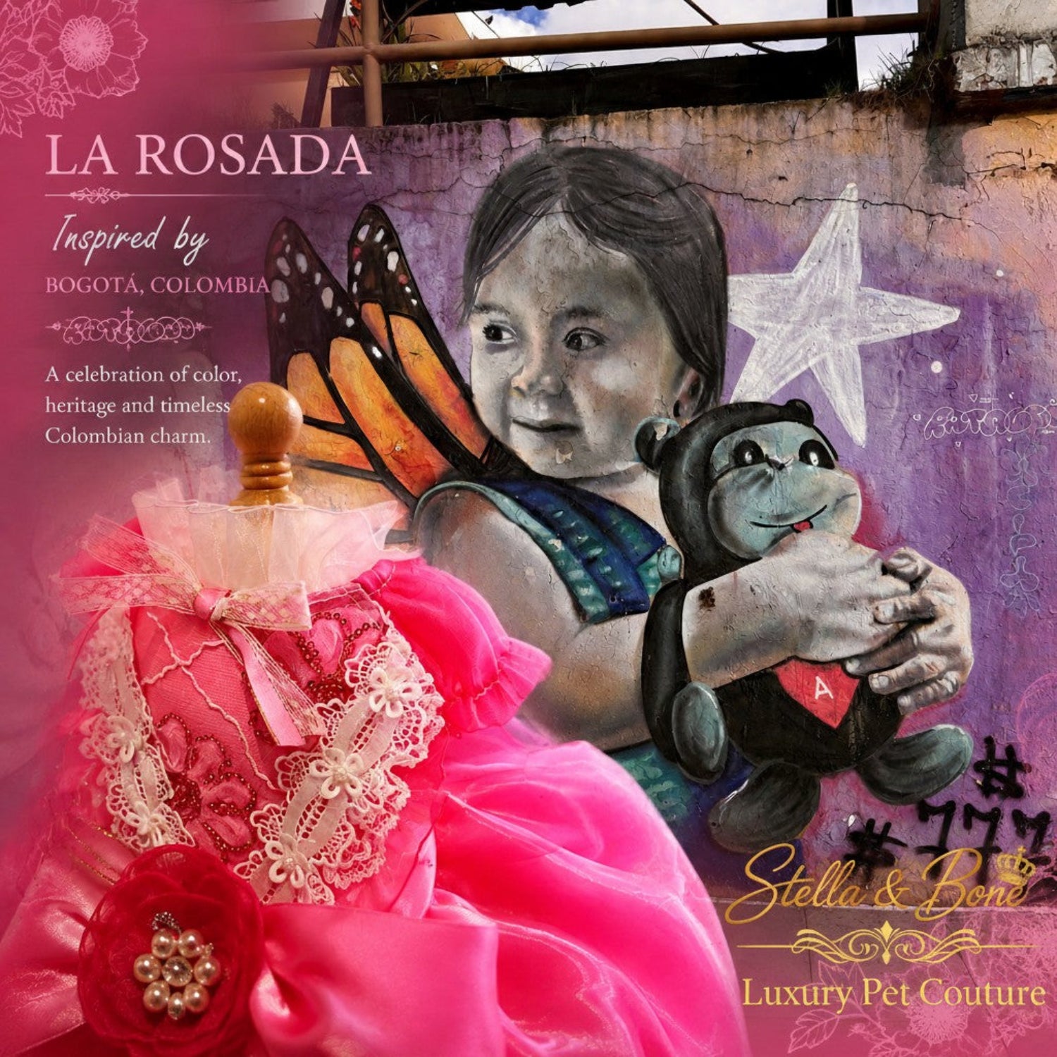 La Rosada couture dog wedding dress displayed on mannequin next to a colorful butterfly girl street mural in Colombia.