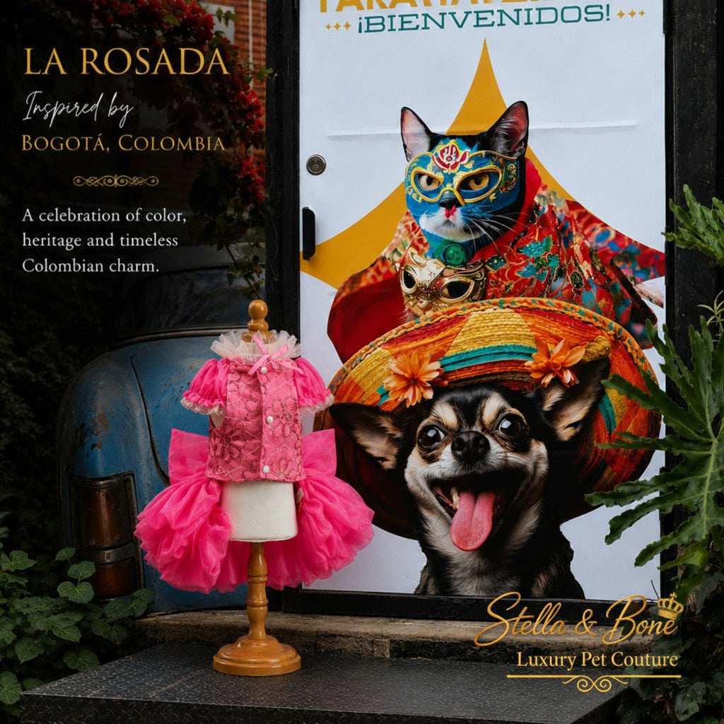 La Rosada couture dog wedding dress in pink lace and tulle on a mannequin next to a colorful welcome poster.
