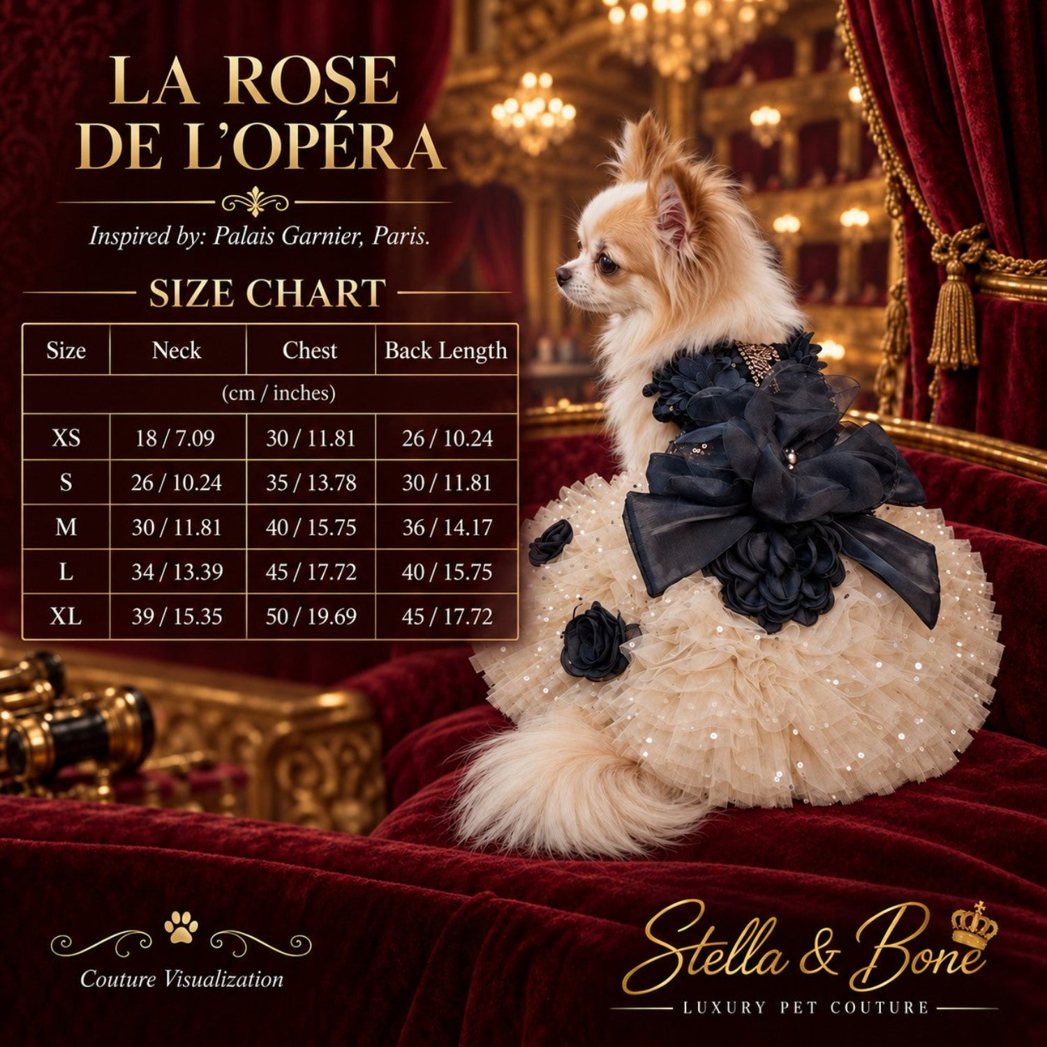La Rose De Lopera luxury champagne and black pet dress size chart. Custom available