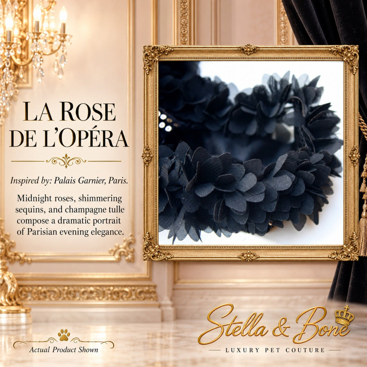 LA ROSE DE L'OPÉRÉA couture dog dress with close-up of fabric roses in Paris